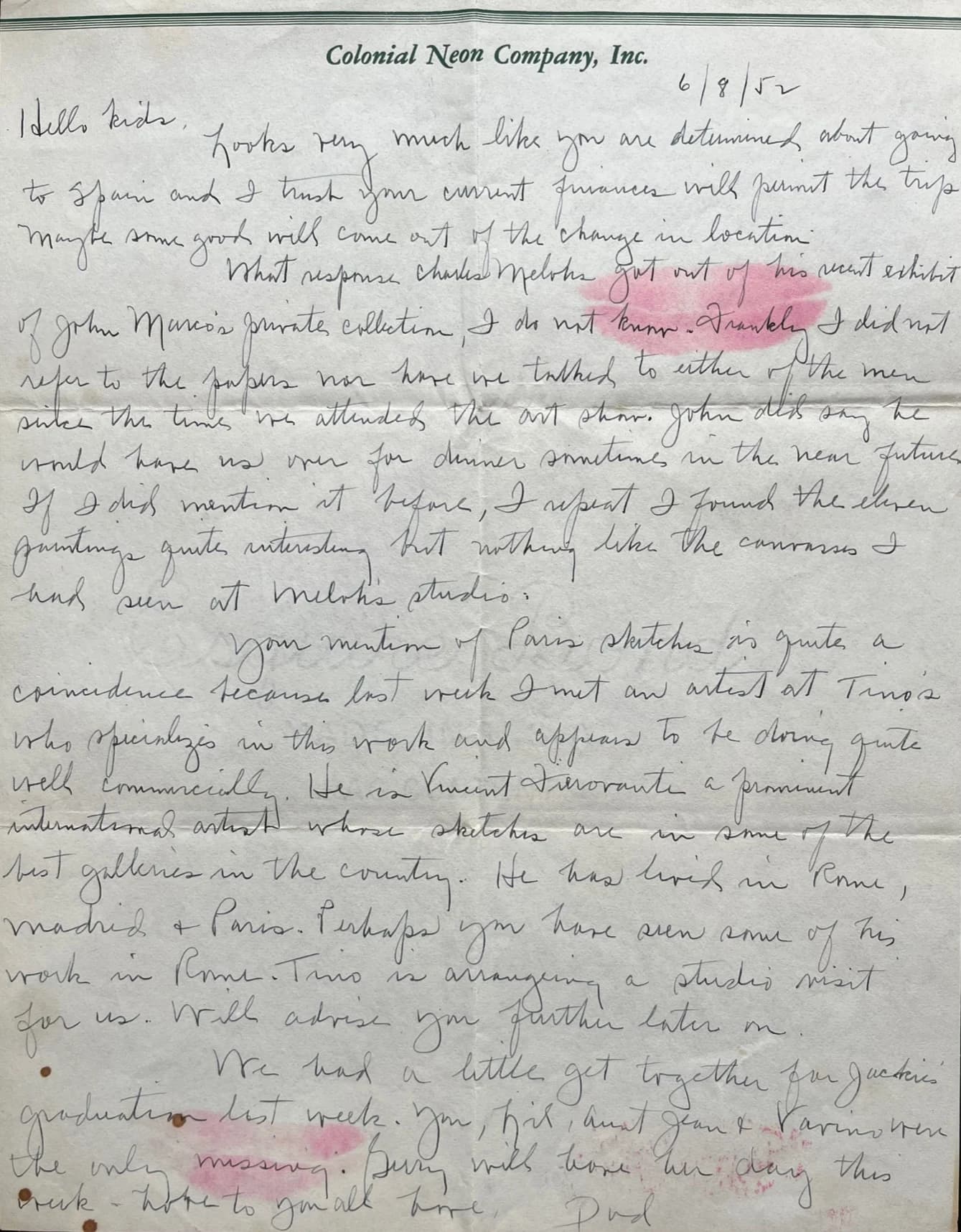 Handwritten letter from Bob Guccione dated June 8, 1952